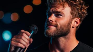 Young man performs passionately with microphone under vibrant stage lights at an evening event photo