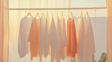 Clothes drying in warm sunlight against a soft backdrop in a serene outdoor setting during late afternoon photo