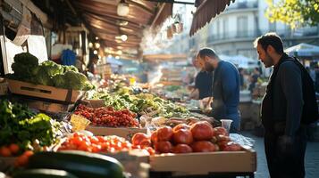 Vibrant market scene with fresh produce and shoppers in the afternoon sunlight photo