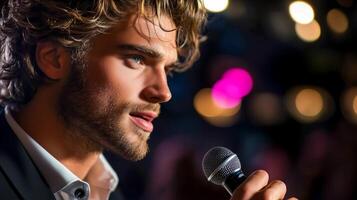 Young man performing passionately with a microphone in a vibrant setting during an evening event photo