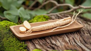 Root of health benefits displayed on a wooden plate against a natural backdrop photo