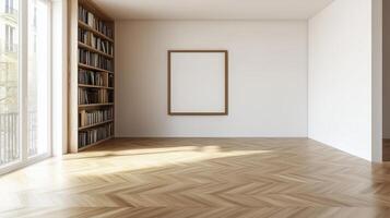 Modern empty room with wooden flooring, large windows, and bookshelves designed for art display in a bright setting photo
