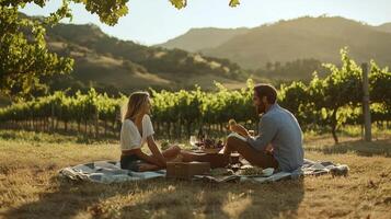 Enjoying a cozy picnic in a sunlit vineyard while tasting fruits and wine during a warm evening in nature's embrace photo