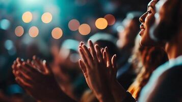 Audience members enthusiastically clapping hands during a live performance at an evening event photo