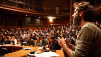 Engaging speaker captivates attentive audience during lecture at university auditorium photo
