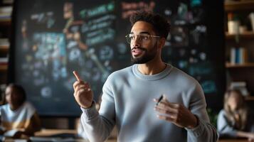 Engaging discussion led by a man in a casual sweater during a creative brainstorming session in an office space photo