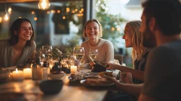 Friends enjoy a cozy evening gathering with dinner and laughter in a warmly lit dining space photo