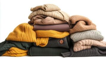 Cozy knitwear stacked neatly in warm autumn tones for a stylish seasonal wardrobe update photo