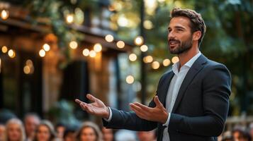 Man delivers speech at an outdoor gathering surrounded by string lights in a natural setting during evening hours photo