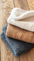 Soft and cozy knit sweaters stacked together on a wooden table in a warm indoor setting during fall photo