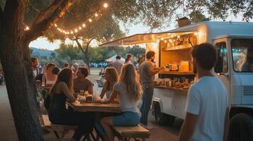 Evening gathering at a food truck in a lively outdoor setting with string lights illuminating the joyful atmosphere photo