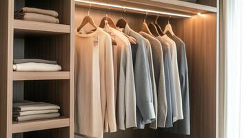 Neatly organized wardrobe displaying a variety of sweaters in soft neutral tones against wooden backdrop photo