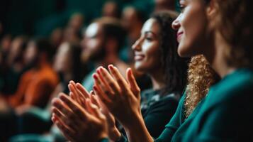 Engaged audience applauding at an event showcasing talent and creativity in a vibrant theater setting photo