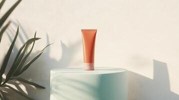 Skin care product displayed on a minimalist pedestal surrounded by soft shadows and tropical leaves during daylight photo