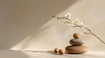 Decorative arrangement of stones and walnuts with blossoming branch set against a minimalist background photo