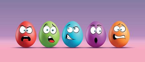 Color eggs with funny faces on gradient background. Angry, playful, surprised emotions, cartoon smile. Set of eggs emoji. Happy Easter holiday illustration. vector