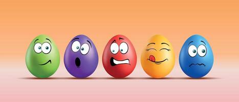 Color eggs with funny faces on gradient background. Funny, smiling, sad, frightened, scared, playful emotions, cartoon smile. Set of eggs emoji. Happy Easter holiday illustration. vector