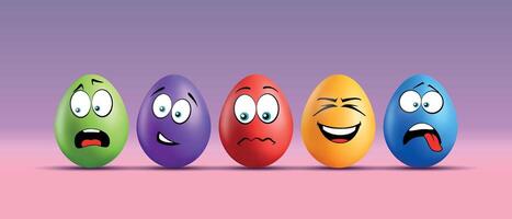 Color eggs with funny faces on gradient background. Funny, laughing, smiling, sad, tired, irritated, shocked emotions, cartoon smile. Set of eggs emoji. Happy Easter holiday illustration. vector