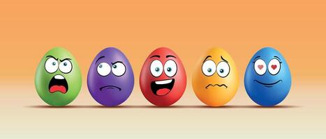Color eggs with funny faces on gradient background. Funny, laughing, smiling, sad, frightened, angry, enamored, scared emotions, cartoon smile. Set of eggs emoji. Happy Easter holiday illustration. vector