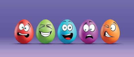 Color eggs with funny faces on gradient background. Funny, laughing, smiling, sad, frightened, surprised emotions, cartoon smile. Set of eggs emoji. Happy Easter holiday illustration. vector