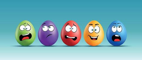 Color eggs with funny faces on gradient background. Funny, laughing, smiling, sad, frightened, reflective, musing, scared emotions, cartoon smile. Set of eggs emoji. Happy Easter holiday illustration. vector