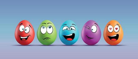 Color eggs with funny faces on gradient background. Funny, laughing, smiling, sad, enamored, winking emotions, cartoon smile. Set of eggs emoji. Happy Easter holiday illustration. vector