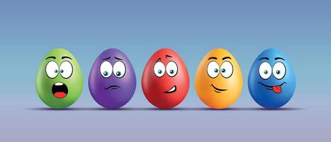 Color eggs with funny faces on gradient background. Scared, smiling, sad, frightened, playful emotions, cartoon smile. Set of eggs emoji. Happy Easter holiday illustration. vector