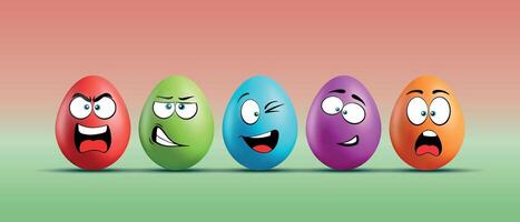 Color eggs with funny faces on gradient background. Funny, laughing, sad, angry, shocked, playful, winking, frightened emotions, cartoon smile. Set of eggs emoji. Happy Easter holiday illustration. vector