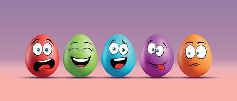 Color eggs with funny faces on gradient background. Funny, laughing, smiling, sad, frightened emotions, cartoon smile. Set of eggs emoji. Happy Easter holiday illustration. vector