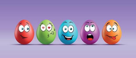 Color eggs with funny faces on gradient background. Funny, laughing, smiling, enamored, frightened emotions, cartoon smile. Set of eggs emoji. Happy Easter holiday illustration. vector