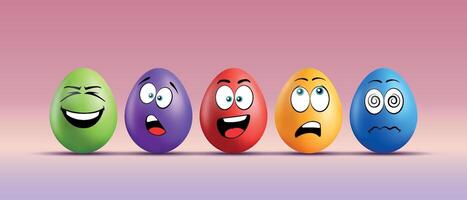 Color eggs with funny faces on gradient background. Funny, laughing, smiling, frightened, scared, shocked emotions, cartoon smile. Set of eggs emoji. Happy Easter holiday illustration. vector