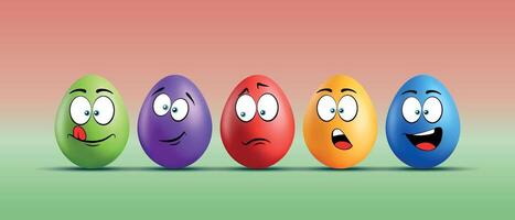Color eggs with funny faces on gradient background. Playful, funny, laughing, smiling, sad, frightened, shocked emotions, cartoon smile. Set of eggs emoji. Happy Easter holiday illustration. vector