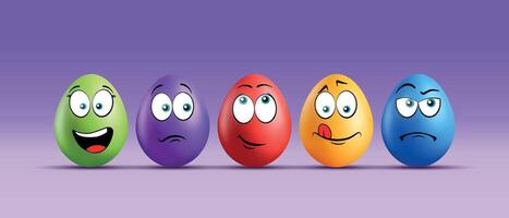 Color eggs with funny faces on gradient background. Funny, laughing, smiling, sad, playful, upset, cute emotions, cartoon smile. Set of eggs emoji. Happy Easter holiday illustration. vector