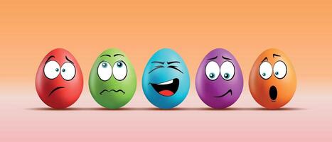 Color eggs with funny faces on gradient background. Funny, laughing, smiling, sad, frightened, upset, shy emotions, cartoon smile. Set of eggs emoji. Happy Easter holiday illustration. vector