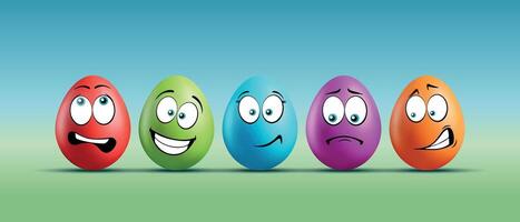 Color eggs with funny faces on gradient background. Funny, laughing, smiling, sad, frightened, shocked emotions, cartoon smile. Set of eggs emoji. Happy Easter holiday illustration. vector