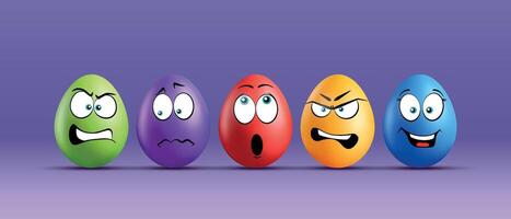 Color eggs with funny faces on gradient background. Funny, laughing, smiling, sad, frightened, surprised, shocked emotions, cartoon smile. Set of eggs emoji. Happy Easter holiday illustration. vector