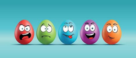 Color eggs with funny faces on gradient background. Funny, laughing, smiling, sad, playful, angry emotions, cartoon smile. Set of eggs emoji. Happy Easter holiday illustration. vector