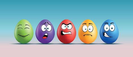 Color eggs with funny faces on gradient background. Funny, angry, smiling, playful, sad, frightened emotions, cartoon smile. Set of eggs emoji. Happy Easter holiday illustration. vector