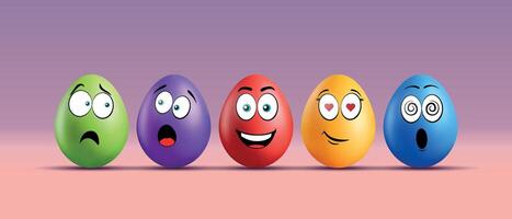 Color eggs with funny faces on gradient background. Funny, laughing, smiling, sad, frightened emotions, shocked, enamored cartoon smile. Set of eggs emoji. Happy Easter holiday illustration. vector