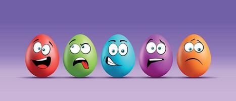 Color eggs with funny faces on gradient background. Funny, laughing, smiling, sad, playful, tired, bored, funky emotions, cartoon smile. Set of eggs emoji. Happy Easter holiday illustration. vector