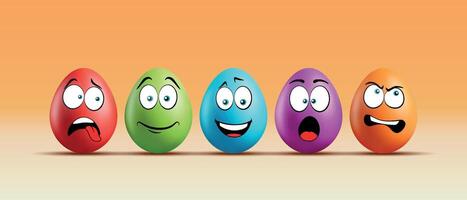 Color eggs with funny faces on gradient background. Funny, laughing, smiling, sad, irritated emotions, cartoon smile. Set of eggs emoji. Happy Easter holiday illustration. vector