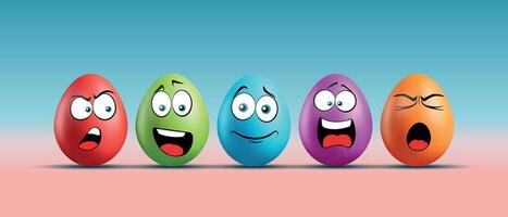 Color eggs with funny faces on gradient background. Funny, laughing, smiling, sad, frightened, irritated, yawning emotions, cartoon smile. Set of eggs emoji. Happy Easter holiday illustration. vector