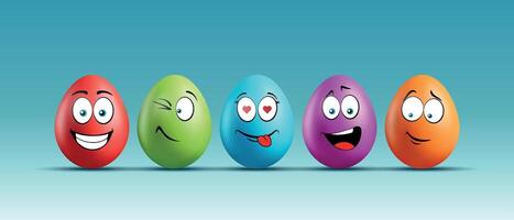 Color eggs with funny faces on gradient background. Funny, laughing, smiling, enamored, winking, playful emotions, cartoon smile. Set of eggs emoji. Happy Easter holiday illustration. vector