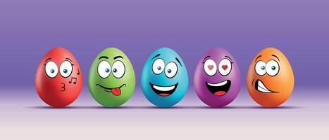 Color eggs with funny faces on gradient background. Funny, laughing, smiling, enamored, playful, whistling emotions, cartoon smile. Set of eggs emoji. Happy Easter holiday illustration. vector