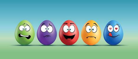 Color eggs with funny faces on gradient background. Funny, laughing, scared, enamored, smiling, sad, frightened emotions, cartoon smile. Set of eggs emoji. Happy Easter holiday illustration. vector