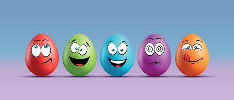 Color eggs with funny faces on gradient background. Funny, laughing, smiling, sad, shocked, cute emotions, cartoon smile. Set of eggs emoji. Happy Easter holiday illustration. vector