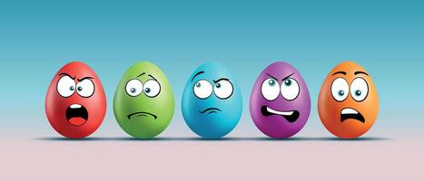 Color eggs with funny faces on gradient background. Angry, sad, evil, reflective, irritated emotions, cartoon smile. Set of eggs emoji. Happy Easter holiday illustration. vector