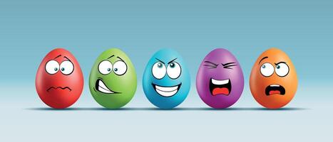 Color eggs with funny faces on gradient background. Funny, laughing, smiling, sad, playful, evil, frightened emotions, cartoon smile. Set of eggs emoji. Happy Easter holiday illustration. vector