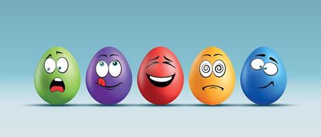 Color eggs with funny faces on gradient background. Funny, laughing, smiling, sad, frightened, playful, shocked, cute emotions, cartoon smile. Set of eggs emoji. Happy Easter holiday illustration. vector