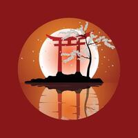 Torii Gate Illustration Design with Cherry Blossoms in Red Color vector